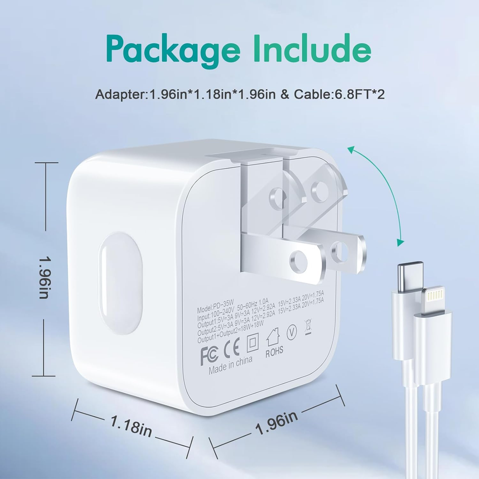 Зарядка для айфона, + кабель Type-C - Lightning, 35W, 3А, type c, зарядное устройство, белый