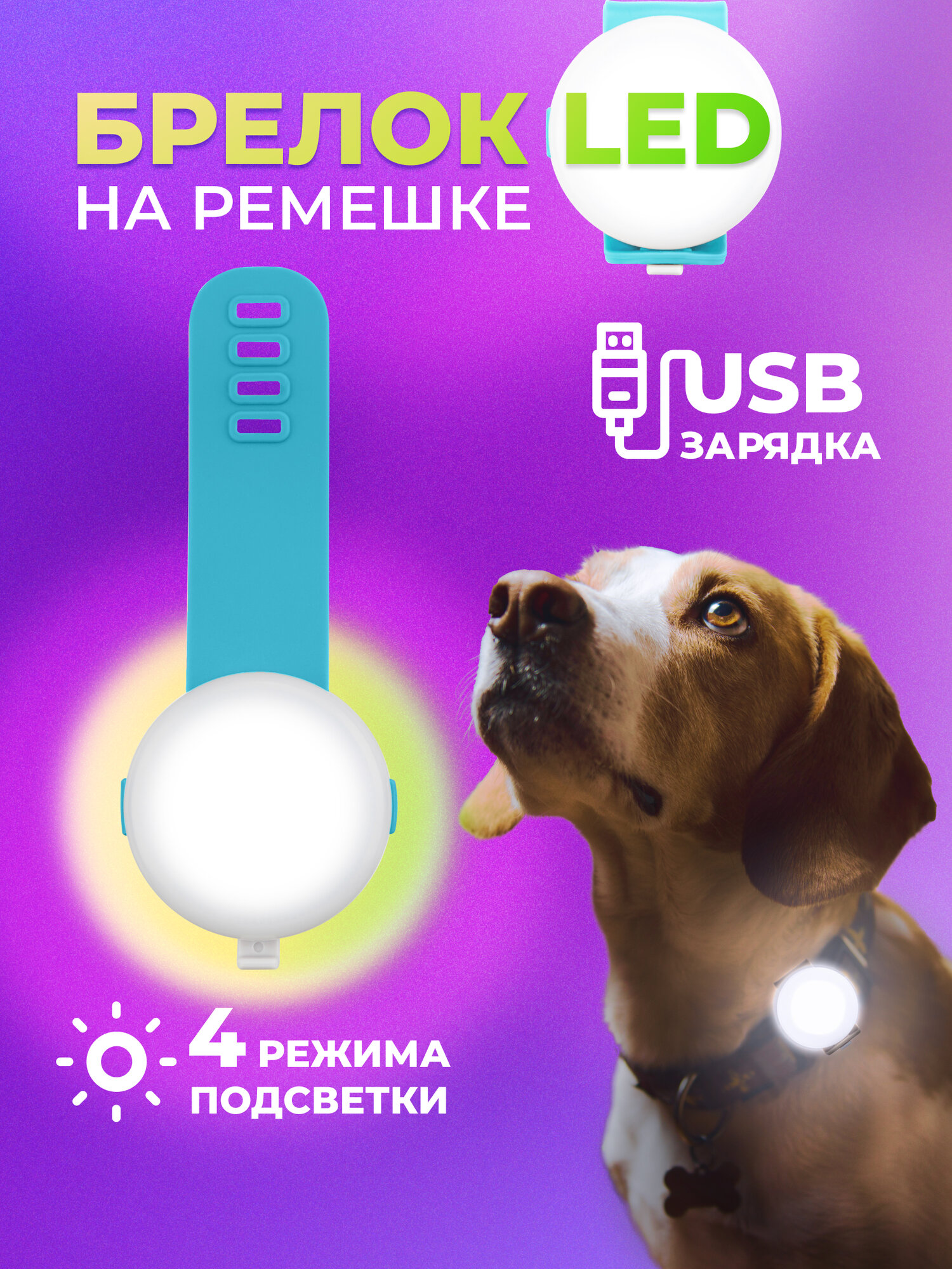 Светящийся брелок на ошейник для собак Pet-it светодиодный на ремешке 6 см, LED фонарик диаметр 3,5 см micro USB голубой