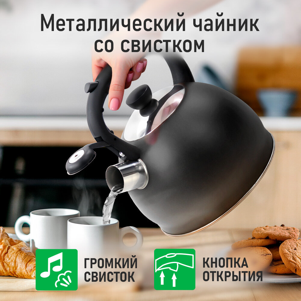 Чайник металлический со свистком MARTA MT-3015 черный графит — фото 1