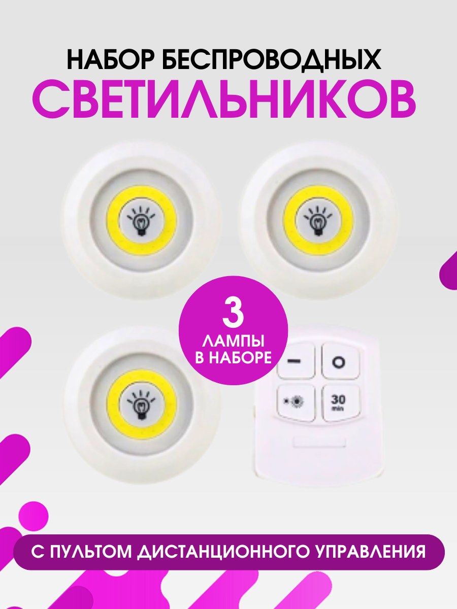 Набор беспроводных LED светильников с пультом управления 3 шт Светодиодная подсветка для кухни под шкафы