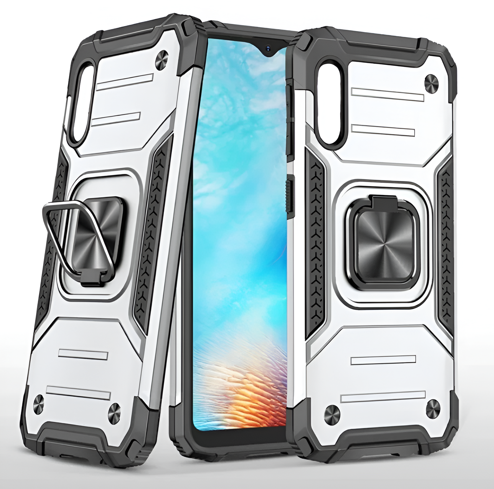 Противоударный чехол для iPhone X / XS серебро с пластиной для магнитного автодержателя и кольцом подставкой