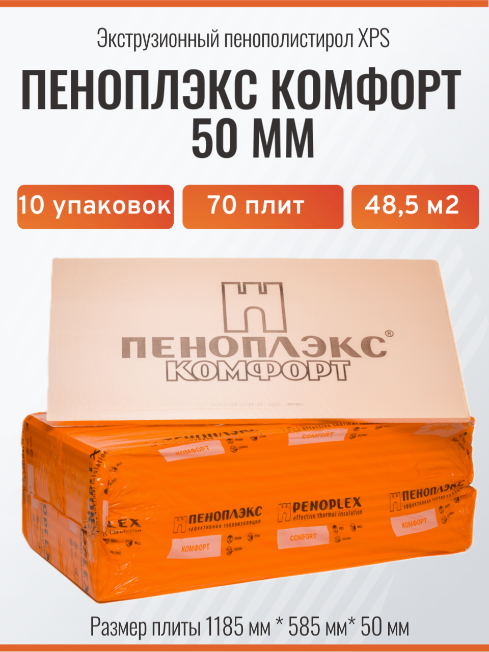 Пеноплекс Комфорт 50 мм (70 плит /10 упаковок/48.5 м2), утеплитель для стен, крыши, пола, экструзионный пенополистирол