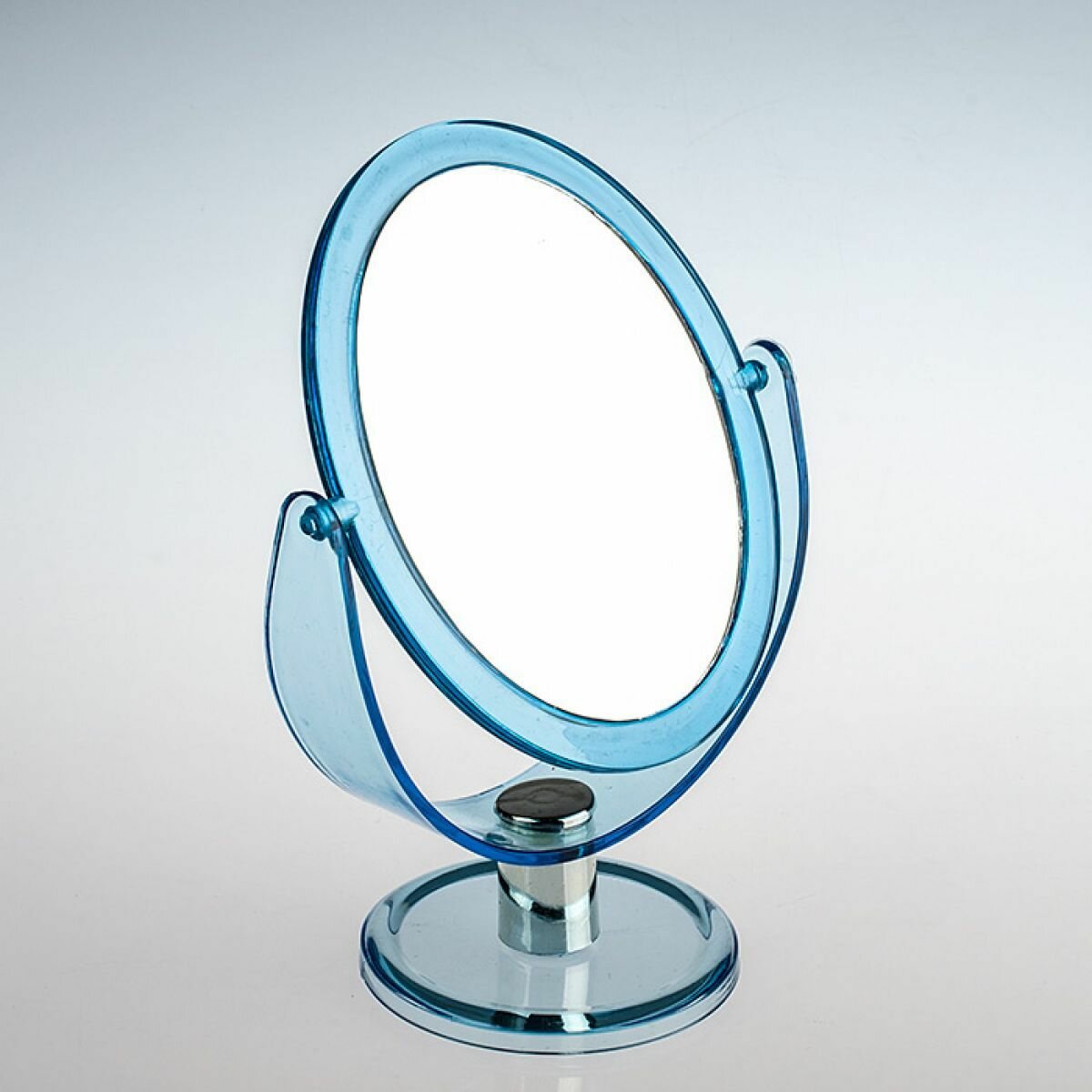 Зеркало настольное овальное 15х14 см двустороннее пластиковое на ножке голубое
