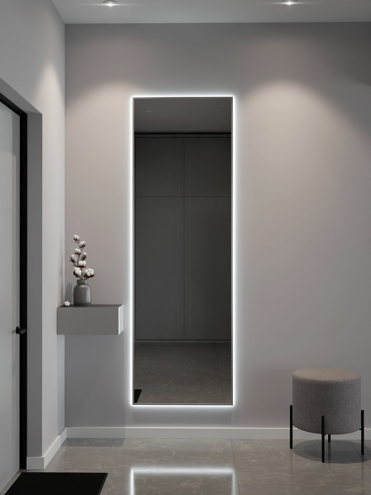 Зеркало настенное 200х70 см. серебро с подсветкой. Свет: Холодный белый 6000К. В алюминиевой раме интерьерное MOONRISE