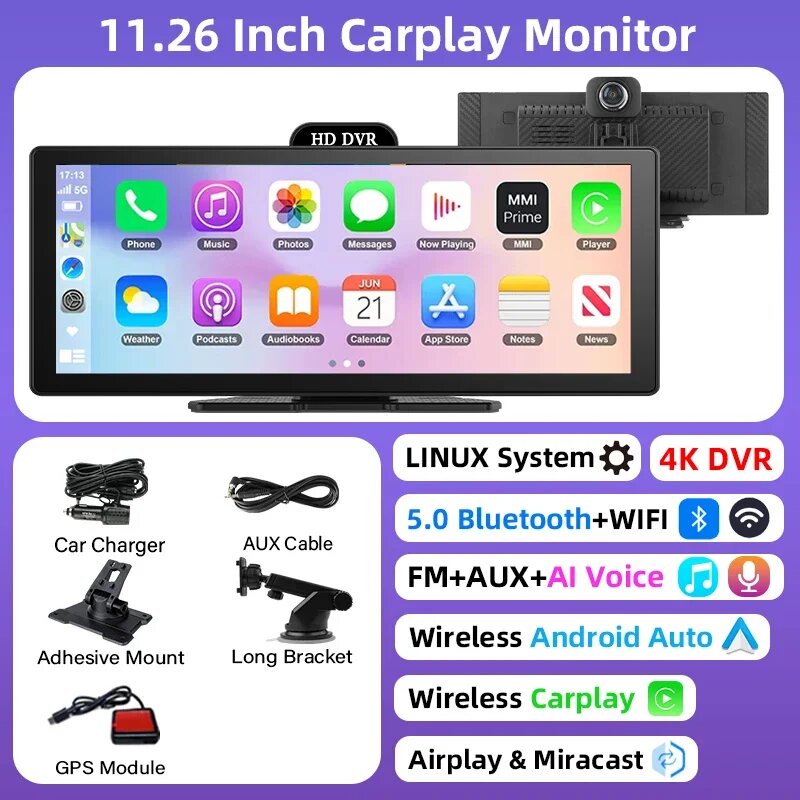 11,26 "4K видеорегистратор камера заднего вида WIFI Carplay Android Auto DVR GPS-навигация видеорегистратор приборная панель Dual Len 24H Park AUX, 4K Front Cam GPS, With 32G TF Card