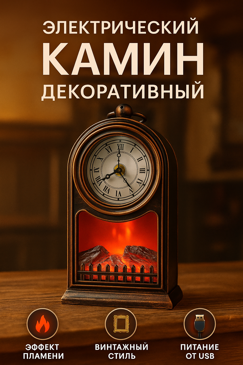 Электрический камин часы настольный эффект живого огня коричневый