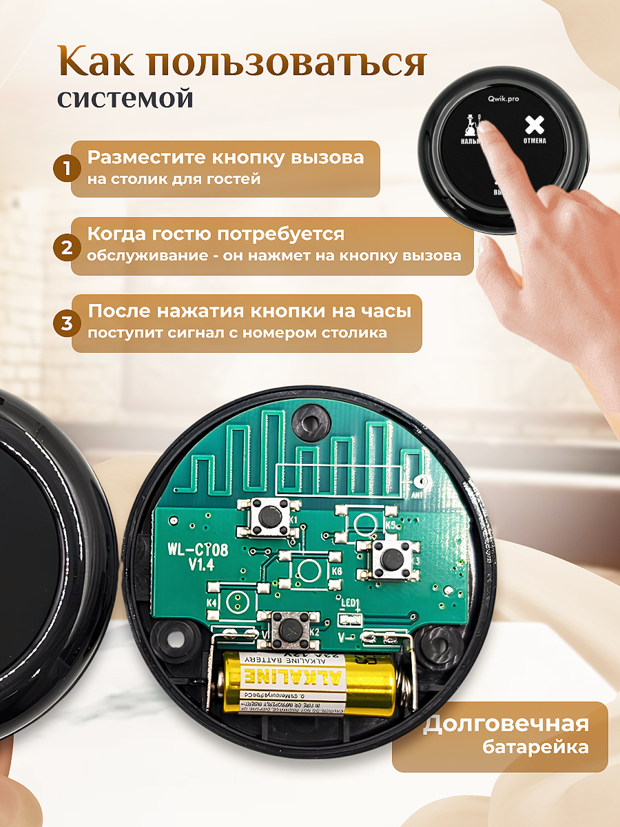 Беспроводная кнопка вызова персонала с пейджером – система оповещения для ресторанов, отелей и учреждений (1+10) — фото 1