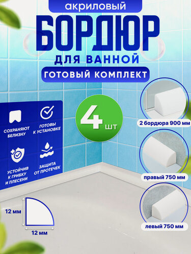 Изображение товара Бордюр для ванны акриловый белый глянцевый (плинтус), комплект из 4 шт