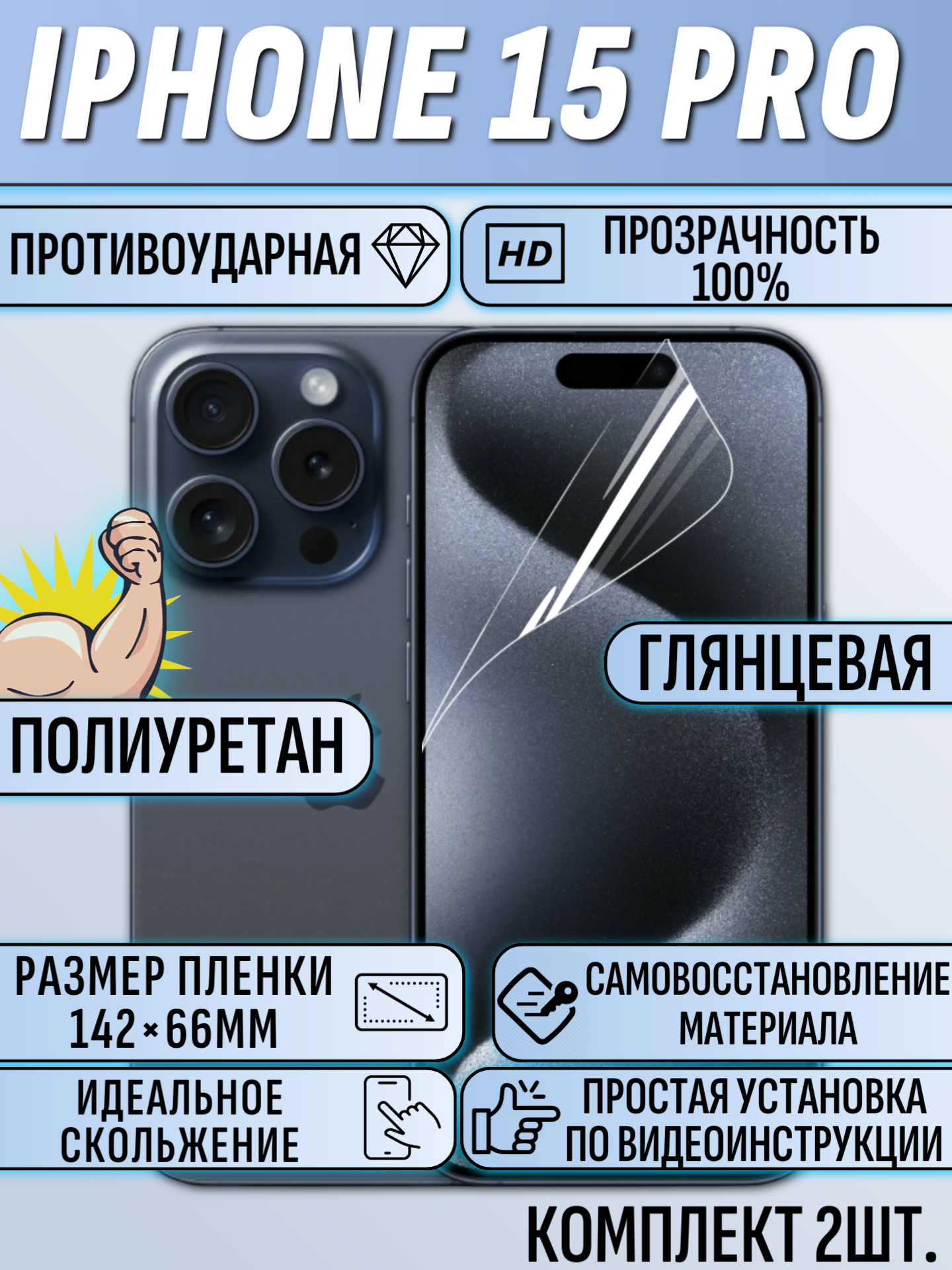 Гидрогелевая защитная пленка для iPhone 15 Pro глянцевая под чехол 2шт
