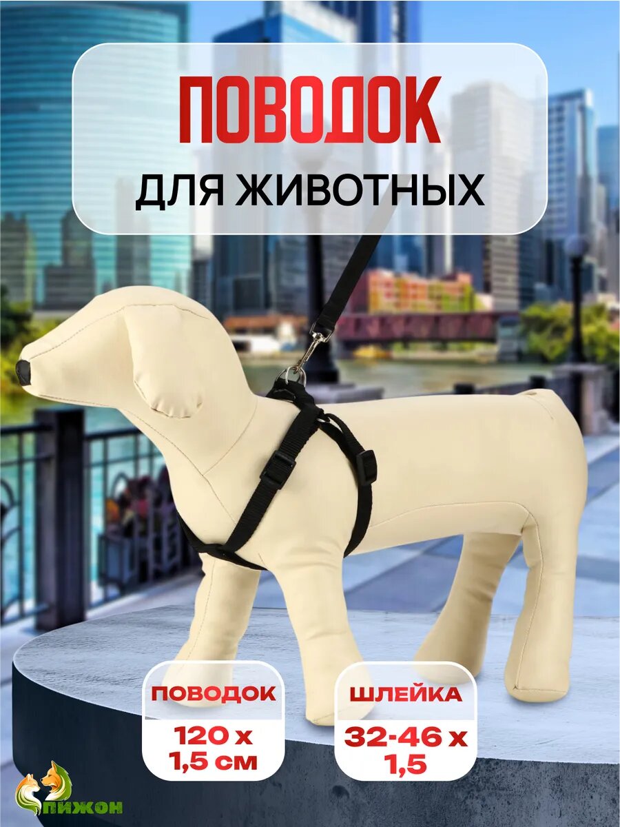 Комплект "Базис" поводок 120 х 15 см шлейка 32-46 х 15 см чёрный