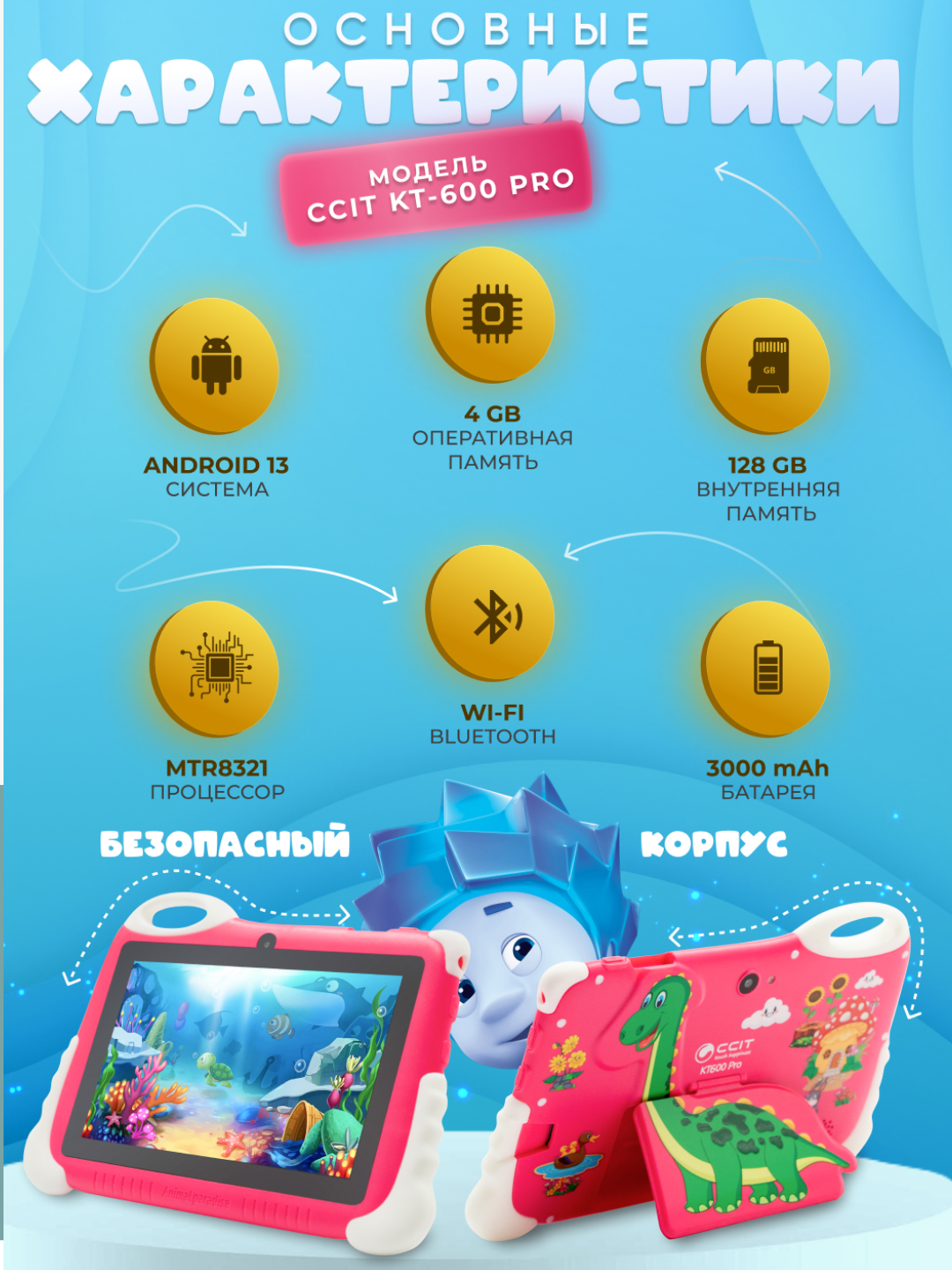 Детский планшет Kit600Pro 8/256 ГБ (Wi-Fi), синий, Android, дисплей 10,7 дюйма