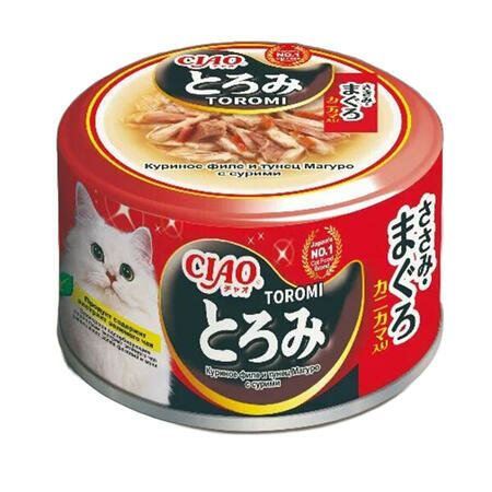 INABA Ciao Toromi 24 шт по 80 г влажный корм для кошек куриное филе и тунец магуро с добавлением сурими в бульоне