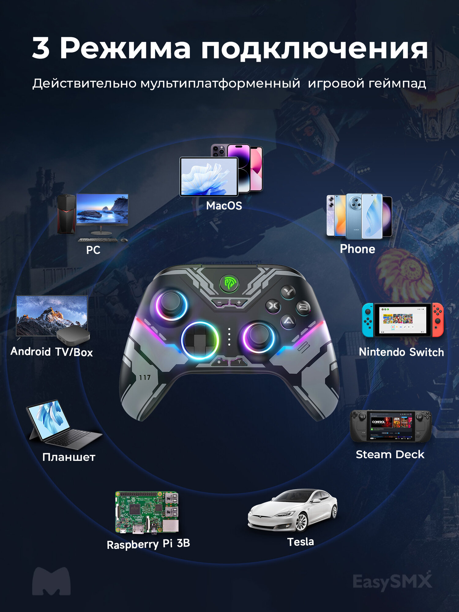 Беспроводной геймпад EasySMX X15 с RGB подсветкой, для ПК, Steam Deck, iOS, Android, датчики Холла, меха (VG-C449) — фото 1