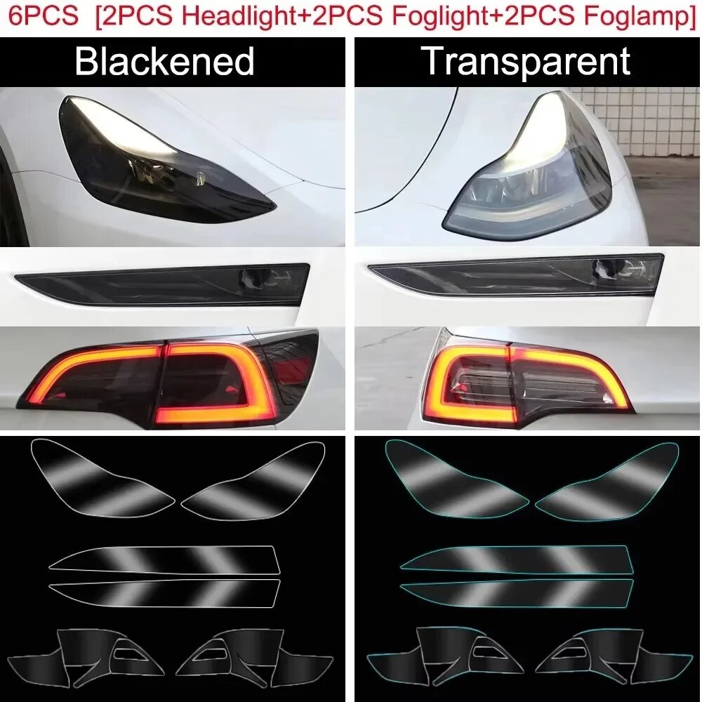 6PCS Черные защитные пленки для фар Tesla Model 3 Y