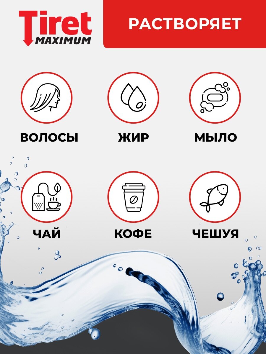 Средство от сильных засоров Tiret Maximum, для прочистки канализационных труб, антизасор,850 мл — фото 1