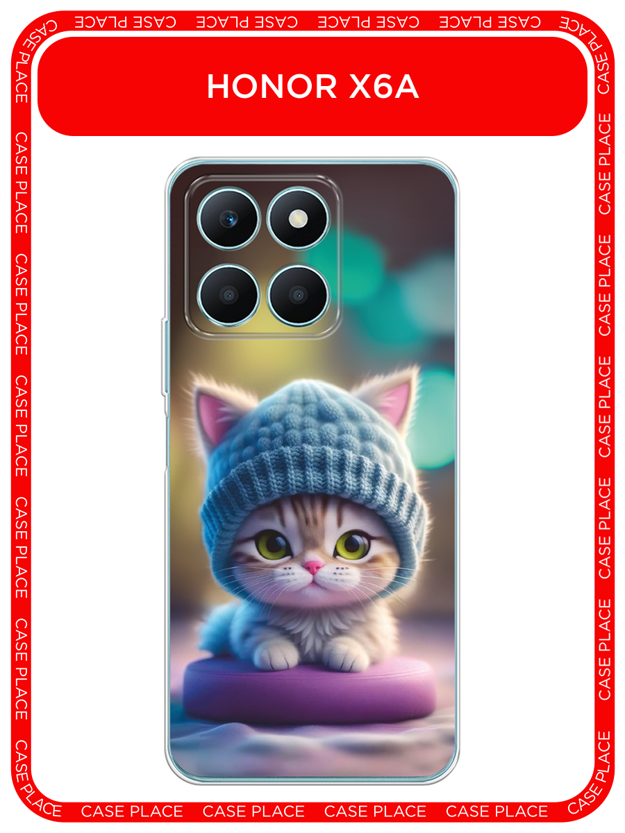 Чехол на Honor X6A / Хонор X6A с принтом Котик в голубой шапочке