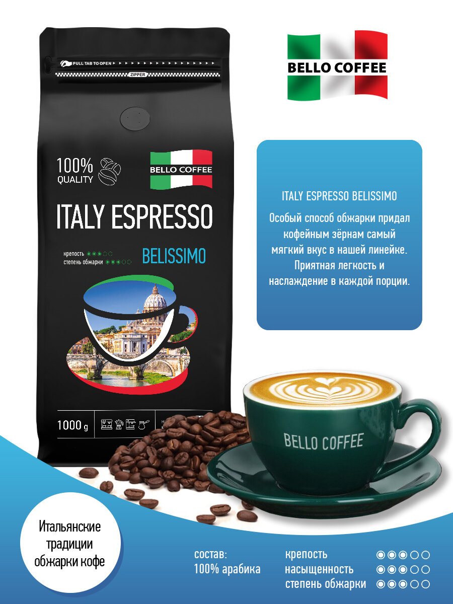Кофе в зернах 1 кг арабика 100% BELISSIMO, кофе зерновой ITALY ESPRESSO — фото 1