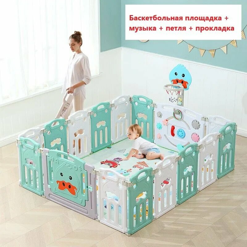 Большой детский игровой манеж, игровая зона Simple 188x151 Color из пластика, для дома и улицы, серый, белый, зеленый