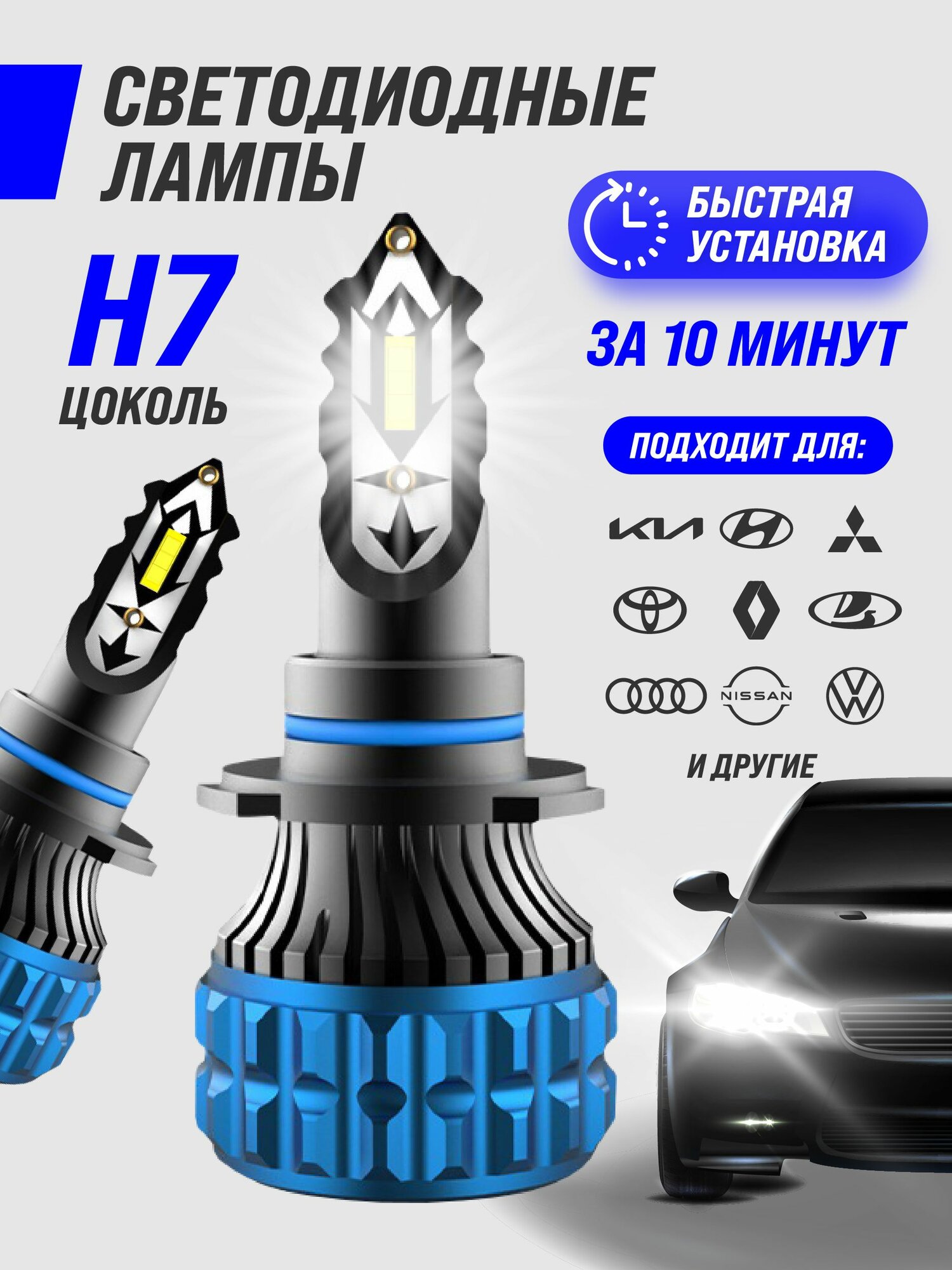 Светодиодные LED лампы H7 автомобильные, 6000K