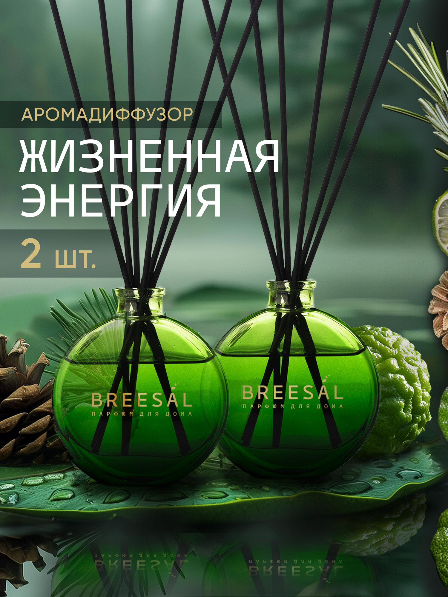 Диффузор ароматический для дома, ароматизатор с палочками Breesal Arome Sticks Жизненная энергия 70 мл, Набор 2 шт.