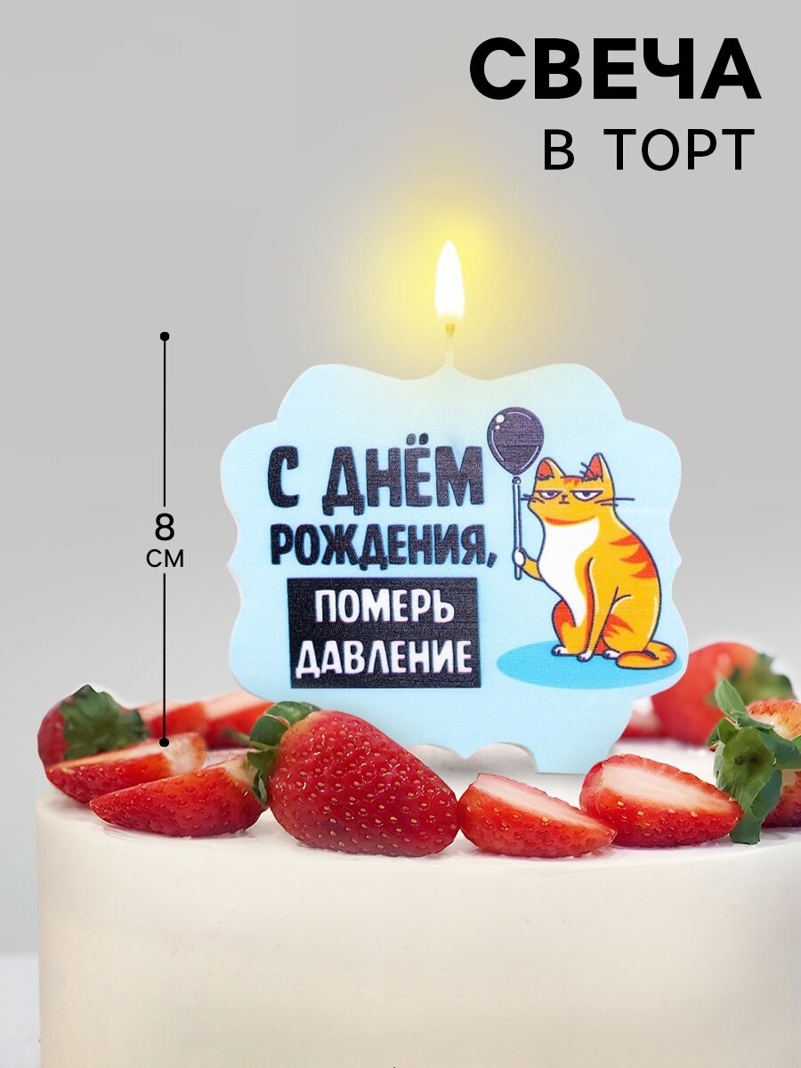 Свеча для торта "С днем рождения, померь давление", кот, 10х10 см, голубая