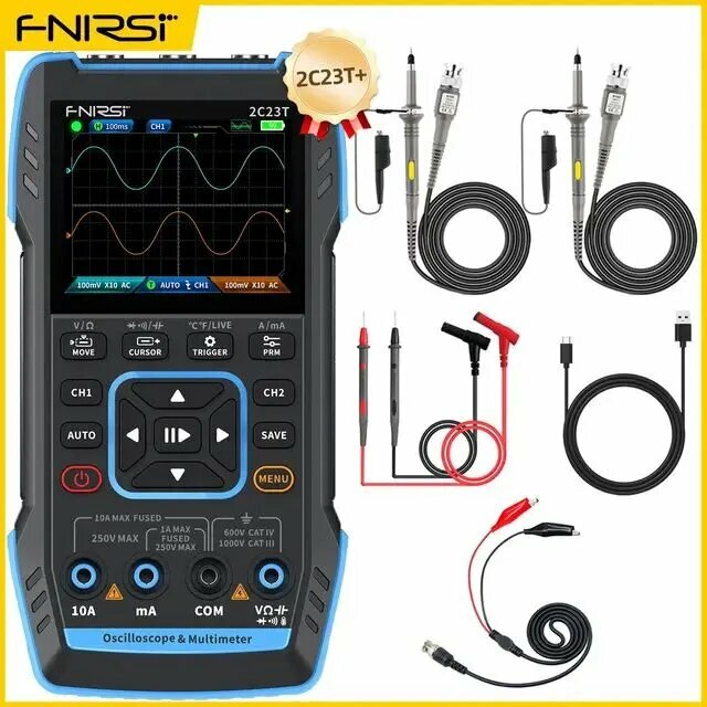 FNIRSI-2C23T, Digital Oscilloscope, цифровой датчик + датчик сигнала, 3-в-1 двухканальный, 10 МГц P6100x2 , поддержка русского языка Инструменты для ремонта