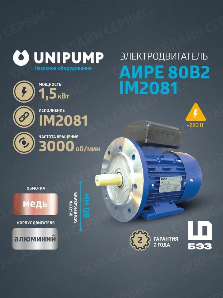 Электродвигатель 220В аире 80B2 IM2081 (1,5 кВт/3000 об/мин)