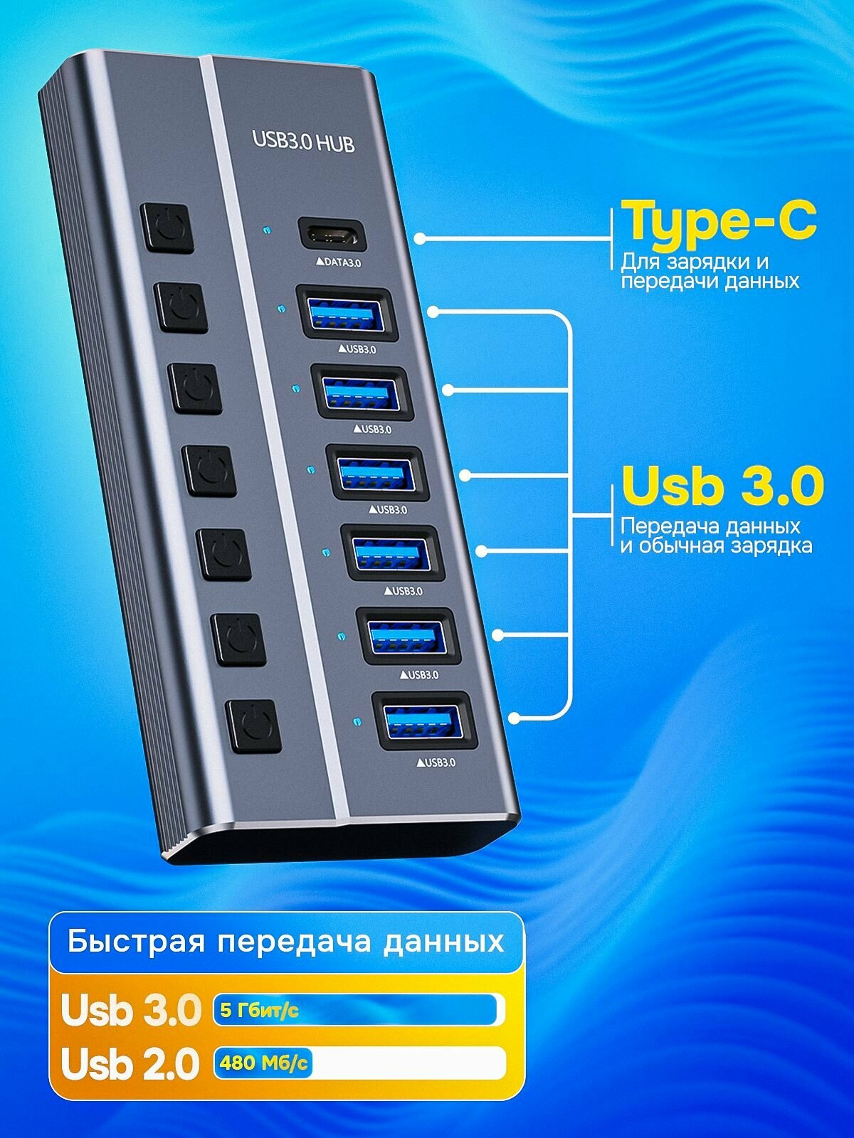 USB хаб, с портом TYPE-C, 7 портов с блоком питания — фото 1