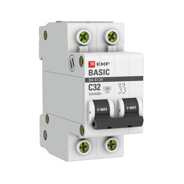 EKF Basic ВА 47-29 Автоматический выключатель (С) 2P 32А 4,5кА, mcb4729-2-32C