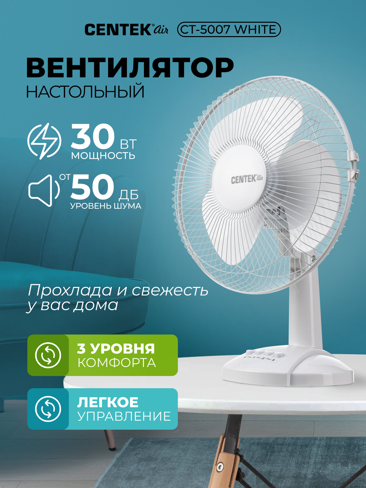 Вентилятор настольный CENTEK CT-5007 White 30Вт d-34 см 3 скорости металлическая решётка