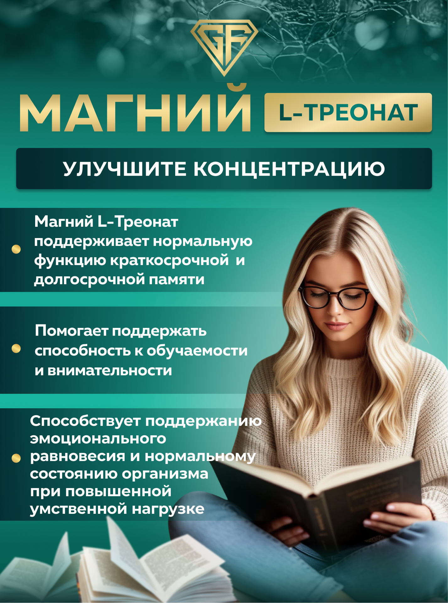 Изображение Магний L-Треонат GraFLab, нейропротектор 400 мг, 60 капсул