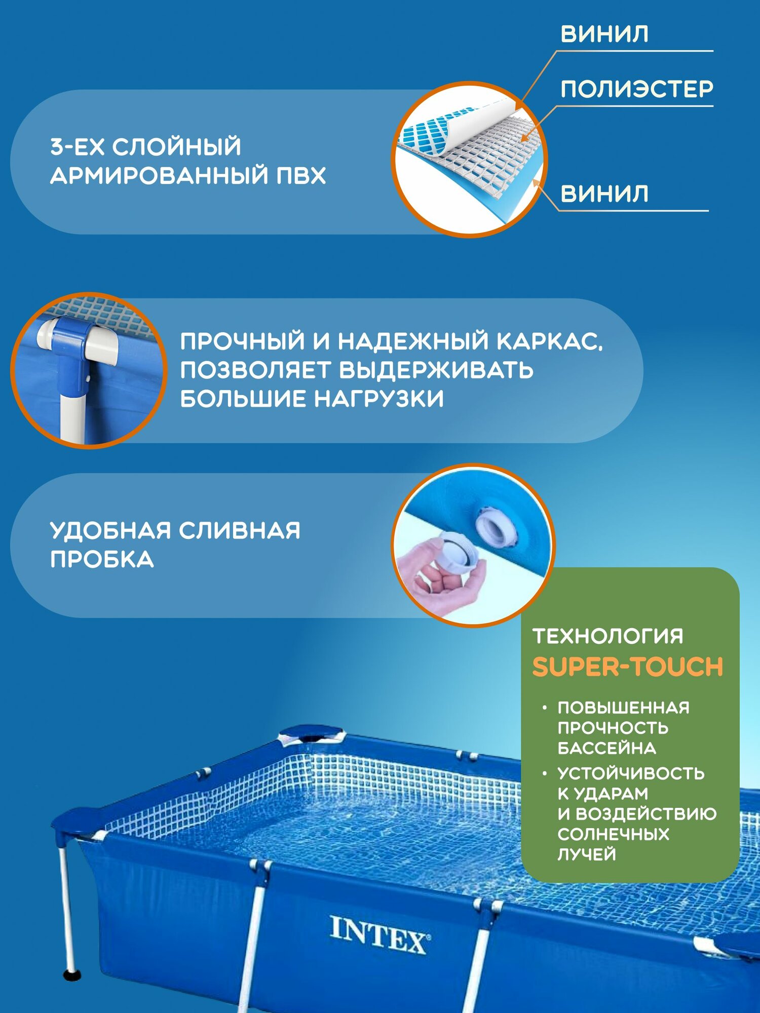 Бассейн каркасный Intex, прямоугольный 260x160 см, 2282 л, синий, 58980/28271 — фото 1