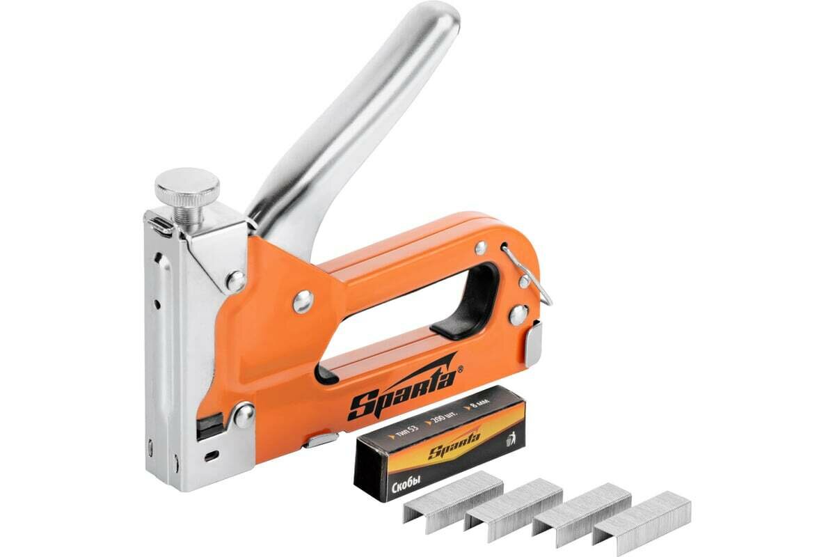 Мебельный регулируемый степлер SPARTA со скобами 200 шт, тип скобы 53, 4-14 мм 42002