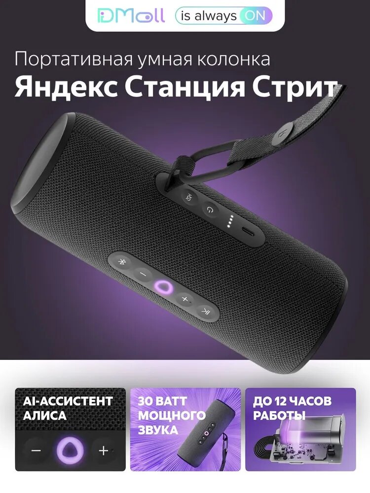 Портативная умная колонка Яндекс Станция Стрит с Алисой, 30 Вт, чёрный