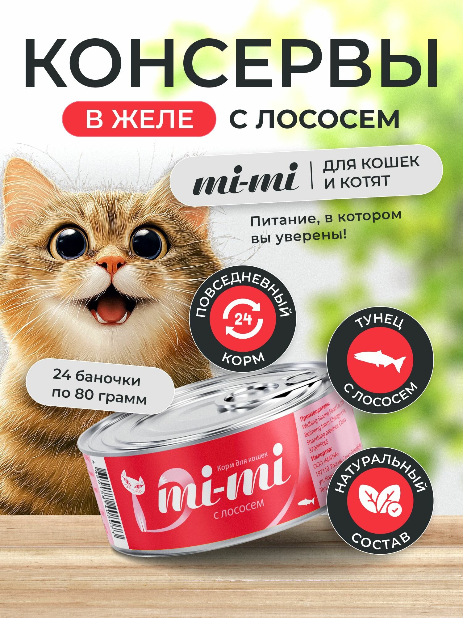 Консервы для кошек и котят Mi-Mi с Лососем, кусочки в желе 80г, 24 шт.