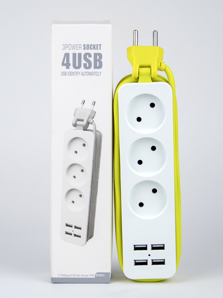 Удлинитель Extension SFCO8-5, белый, кабель 1,8 м, 3 розетки, 4 USB порта — фото 1