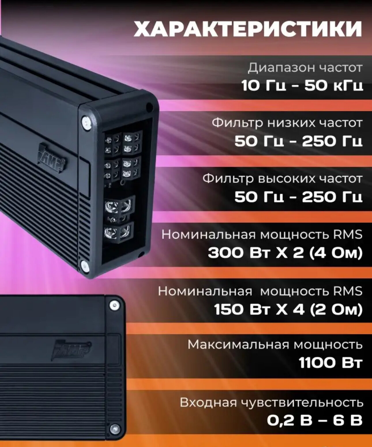 Усилитель AMP PRO 4.100, D-класс, четыре канала, 100 Вт/канал — фото 1