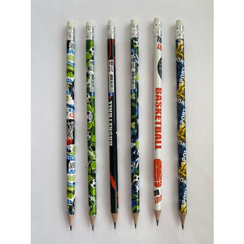 Набор черных простых карандашей футбол-баскетбол 6 штук+ Подарок набор простых карандашей куроми