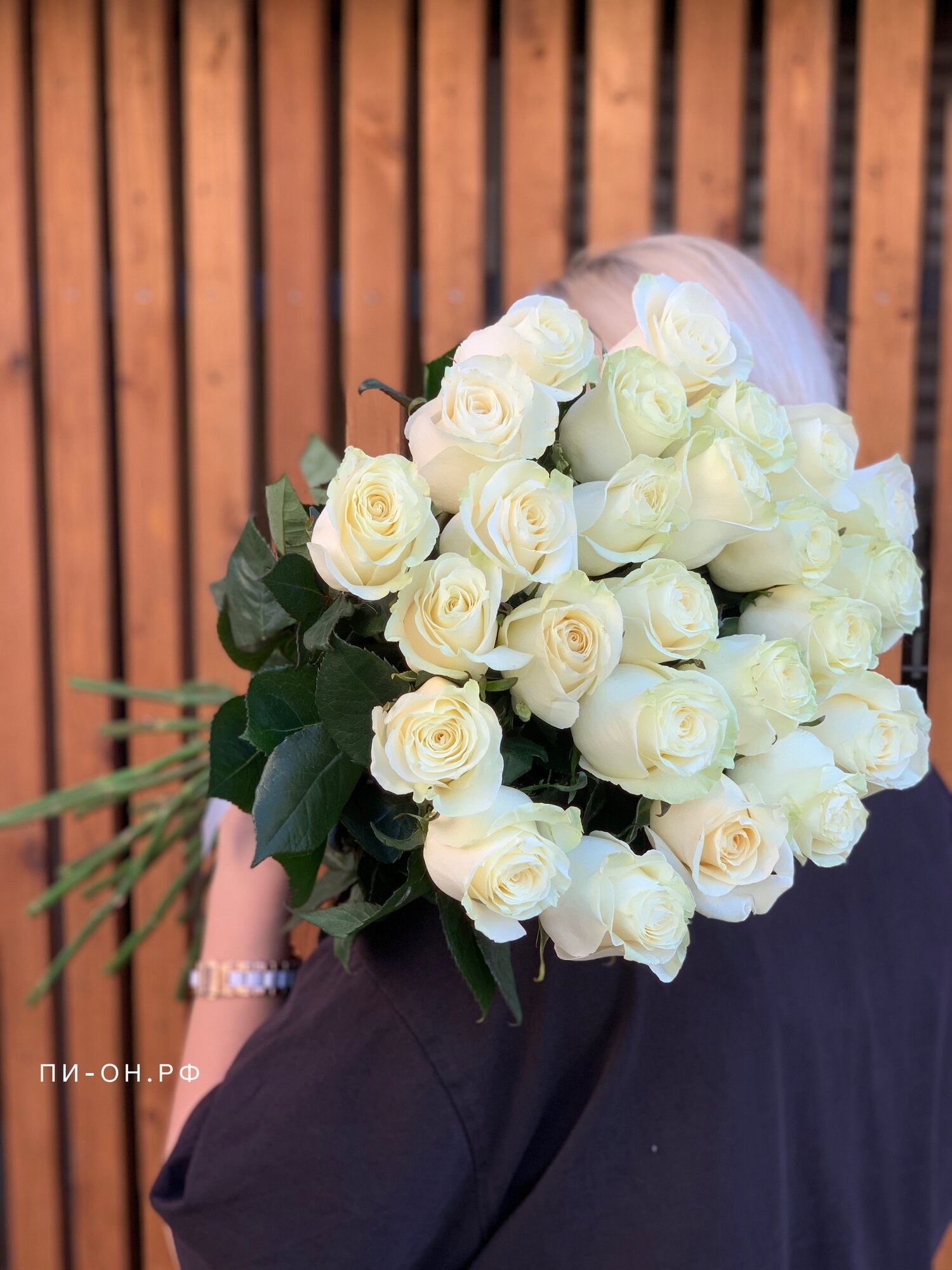 Живые цветы, Белые розы, букет из 25 штук, высота 70 см, под ленту