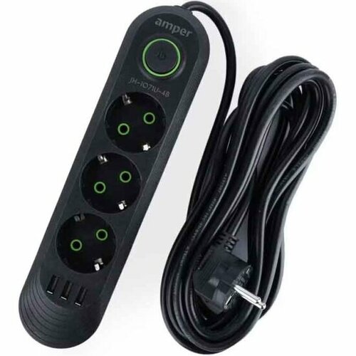 Сетевой удлинитель с USB Amper JH-1071U-4B 3 розетки, 3usb, 2500 Вт, 10А, 4,0м, 3*0,75мм, черный.