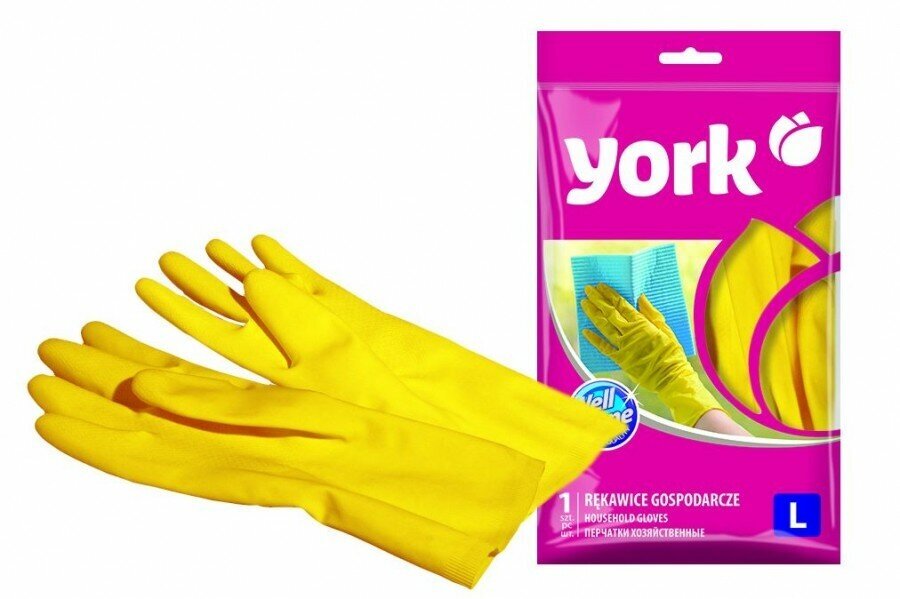 Перчатки York хозяйственные, латексные, 1 пара, размер L, цвет желтый