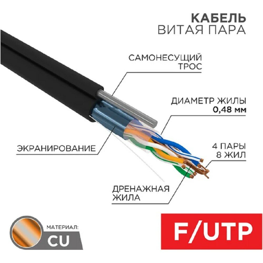 Proconnect Экранированная витая пара FTP бухты 01-0155 Кабель F UTP, CAT 5e, PE 4х2х0,48мм, 24AWG, внешний, черный, 305м, с тросом