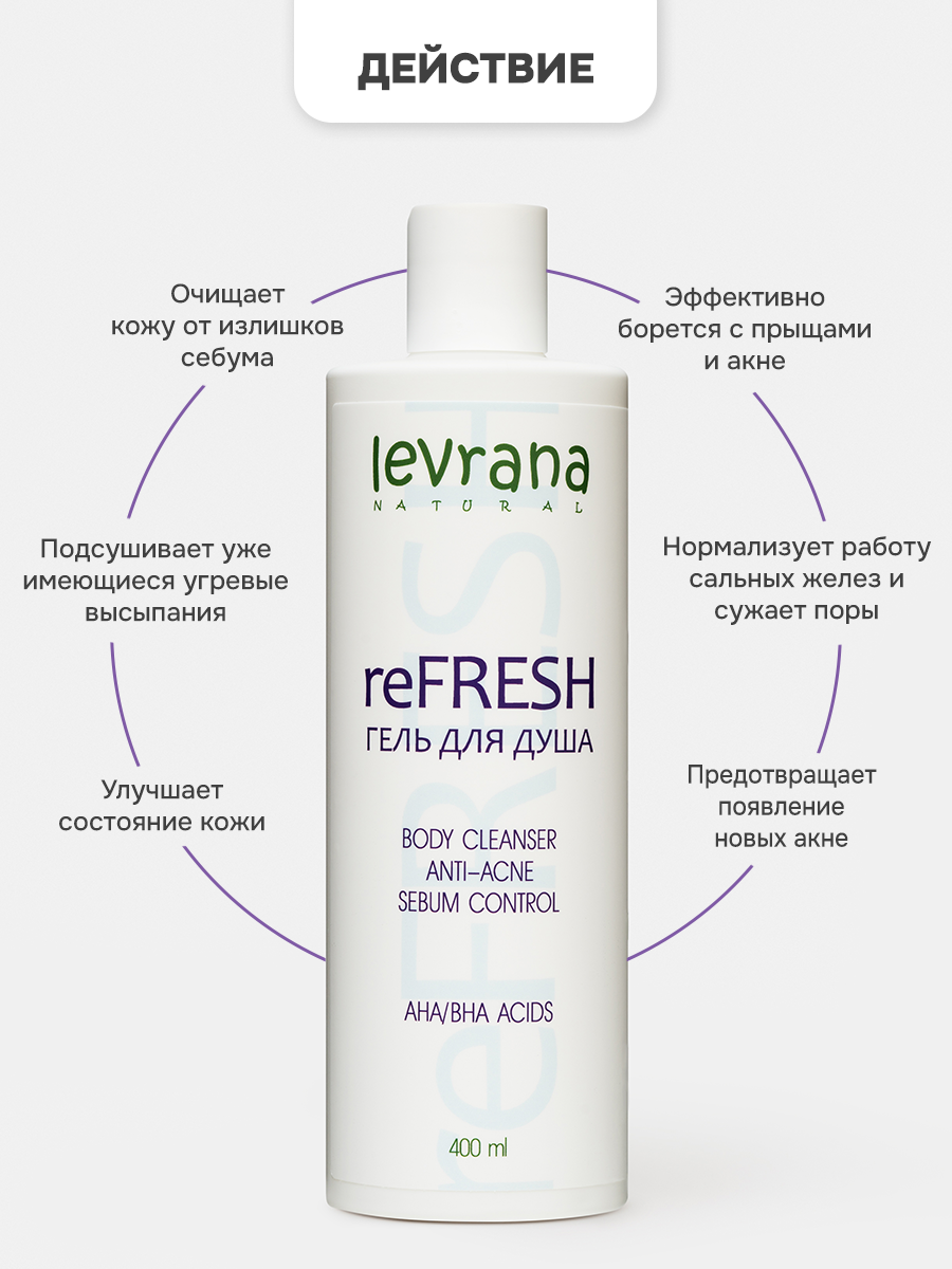 Гель для душа от прыщей reFRESH с AHA/BHA кислотами, Levrana, 400 мл — фото 1
