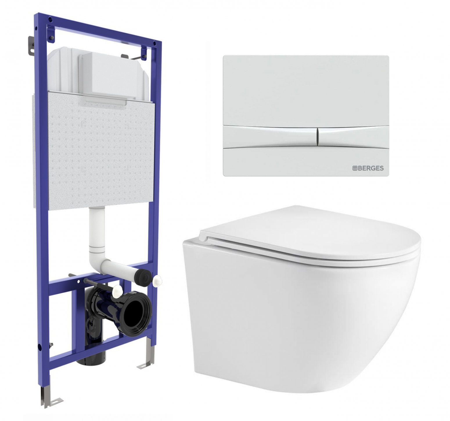 Комплект 3 в 1 инсталляция Berges Wasserhaus Novum 040250 + Подвесной унитаз WeltWasser Merzbach 043 GL-WT + кнопка белая