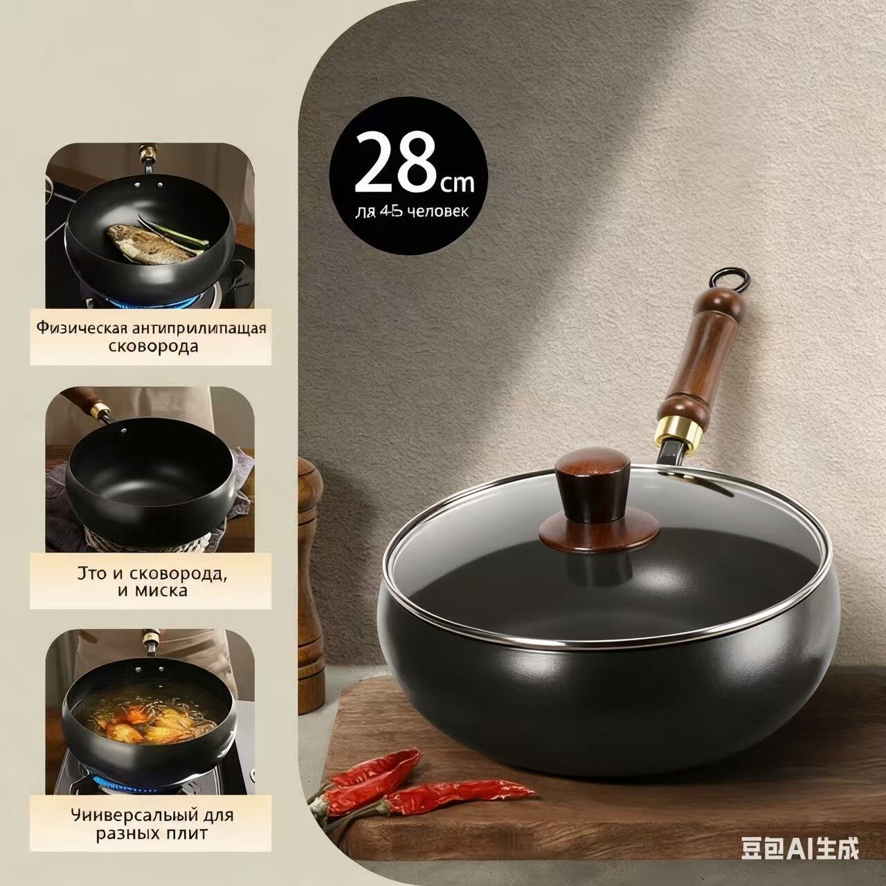 Чугунная сковорода Wok "Большой живот" 28см/11in антипригарная без покрытия для газа/индукции глубокая жарка с защитой от брызг，Стеклянная крышка