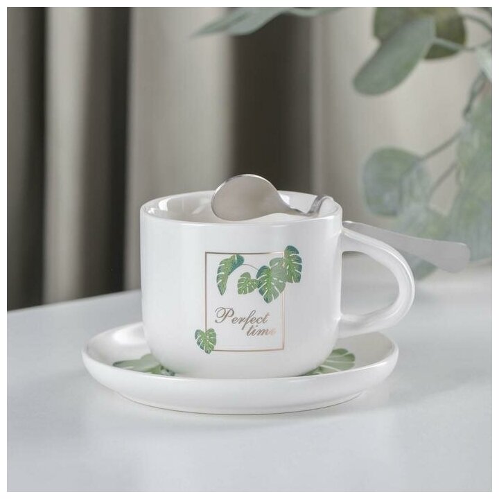 Набор керамический чайный «Ботаника», 3 предмета: чашка 200 мл, блюдце, ложка, цвет микс