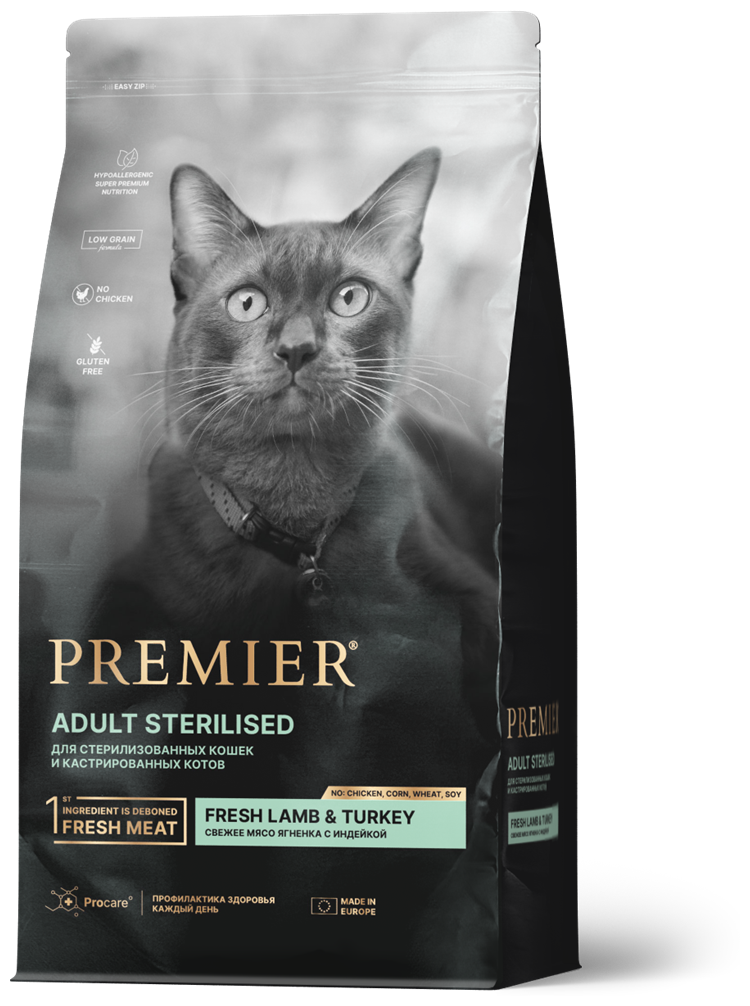 Сухой корм для кошек Premier cat Lamb&Turkey STERILISED (Свежее мясо ягненка с индейкой для кошек) 400 г.