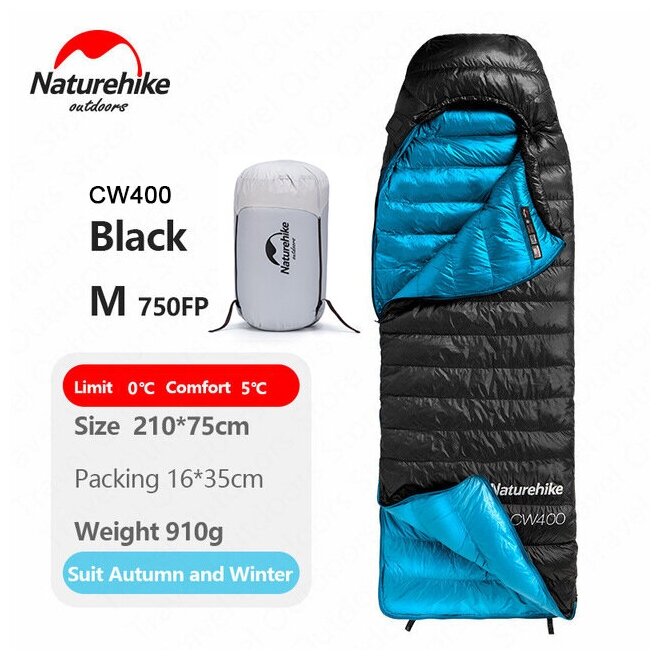 Мешок спальный Naturehike Ultralight CW400 M , 210х75 см, (правый) (ТК: +5°C), черный