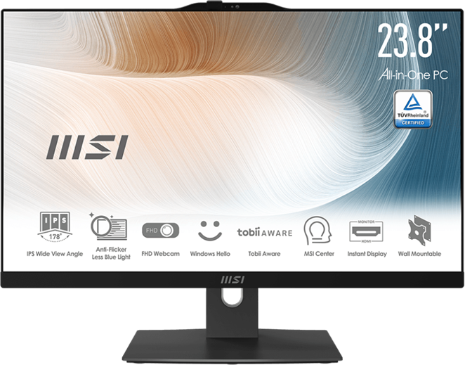 Моноблок MSI Modern AM242P 12M AiO 238" FHD (1920x1080)IPS AG Non-touch Pentium 8505 (1.2GHz) 4GB DDR4 (1x4Gb) 128GB SSD Intel UHD WiFi BT camera WirelessKB&mouse Eng/Rus Win11Pro1y war-ty Black (9S6-AE0711-842)