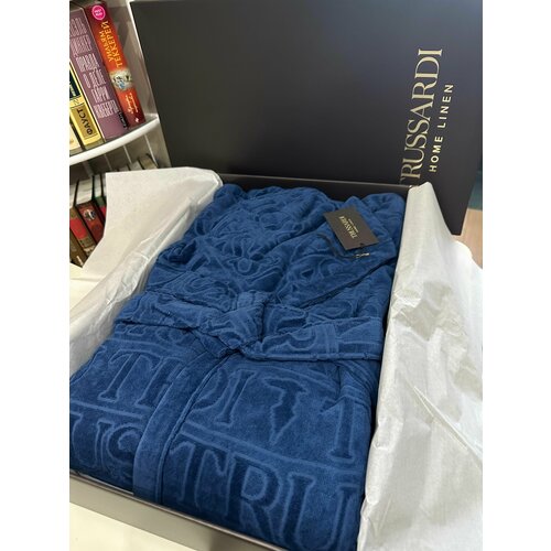 Халат TRUSSARDI, длинный рукав, пояс/ремень, банный халат, размер XXL, синий